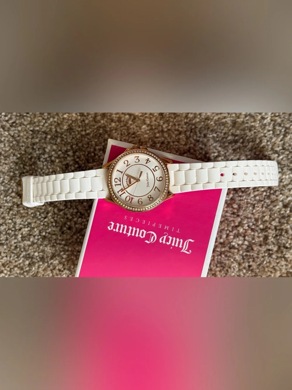 Y2K Juicy Couture White Silicone Strap Rose Gold-Tone Crystal Watch